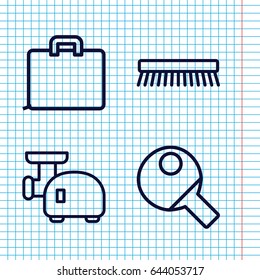 Set of 4 handle outline icons such as clean brush, meat grinder, table tennis