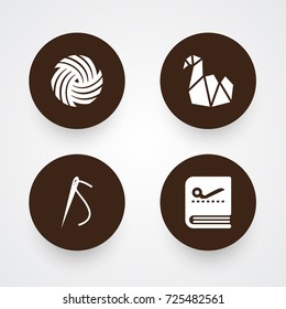 Set Of 4 Handmade Icons Set.Collection Of Tailor Copybook, Skein, Paper Figure And Other Elements.