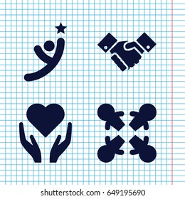 Set of 4 hands filled icons such as handshake, winner, roundelay