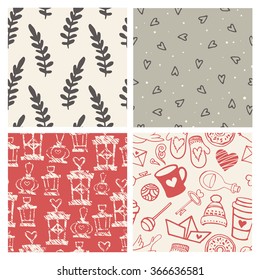 Set of 4 handsketched valentine's day seamless patterns. Great for holiday decoration, wrapping paper, scrapbooking, web design, fabric print