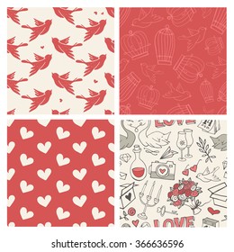 Set of 4 handsketched valentine's day seamless patterns. Great for holiday decoration, wrapping paper, scrapbooking, web design, fabric print