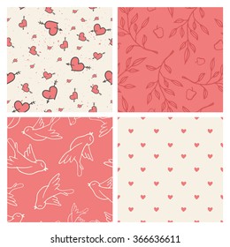 Set of 4 handsketched valentine's day seamless patterns. Great for holiday decoration, wrapping paper, scrapbooking, web design, fabric print