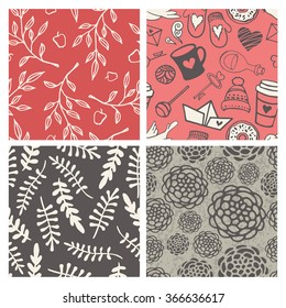 Set of 4 handsketched valentine's day seamless patterns. Great for holiday decoration, wrapping paper, scrapbooking, web design, fabric print
