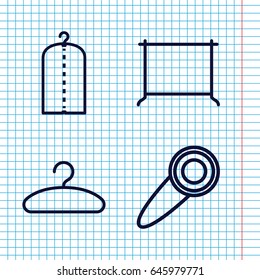 Set of 4 hanger outline icons such as clothes on hanger, hanger