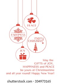 Set of 4 hanging Christmas baubles with Christmas tree, snowflake and angel and the words, joy, peace, happiness and Merry Christmas isolated on white.