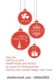 Set of 4 hanging Christmas baubles with Christmas tree, snowflake and angel and the words, joy, peace, happiness and Merry Christmas isolated on white.