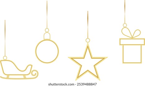 Set of 4 hanging christmas ornaments in golden color, star, bauble, sledge and gift