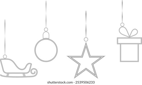 Set of 4 hanging christmas ornaments in silver color, star, bauble, sledge and gift