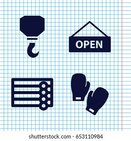 Set of 4 hanging filled icons such as wooden wall, hook, boxing gloves