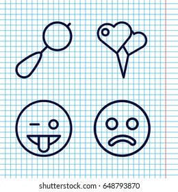 Set of 4 happiness outline icons such as beanbag, emoji showing tongue, sad smiley