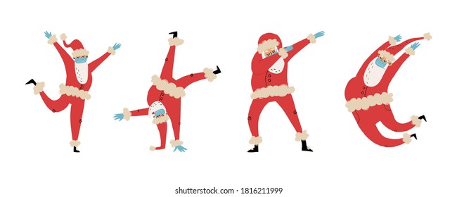 Set of 4 happy dancing Santa Clauses in medical face mask and latex gloves in various funny poses like dabbing, jumping pas, break dance. Hand-drawn vector isolated illustration.