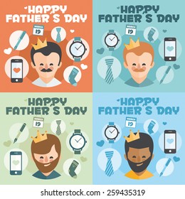 Set of 4 Happy Fathers day card. Vector Element Set.