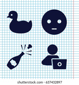 Set of 4 happy filled icons such as duck, man with laptop, sad emot