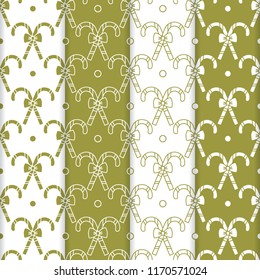 Set of 4 Happy New Year 2019 and Christmas seamless pattern. Vector illustration with candy canes and bows. Design for wrapping, fabric, print.