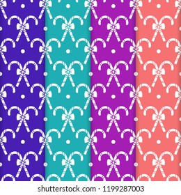 Set of 4 Happy New Year 2019 and Christmas seamless pattern. Vector illustration with candy canes and bows. Design for wrapping, fabric, print.