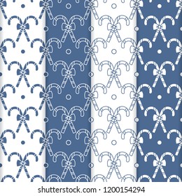Set of 4 Happy New Year 2019 and Christmas seamless pattern. Vector illustration with candy canes and bows. Design for wrapping, fabric, print.