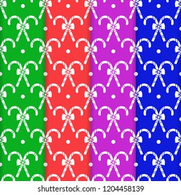 Set of 4 Happy New Year 2019 and Christmas seamless pattern. Vector illustration with candy canes and bows. Design for wrapping, fabric, print.