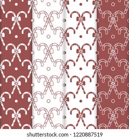 Set of 4 Happy New Year 2019 and Christmas seamless pattern. Vector illustration with candy canes and bows. Design for wrapping, fabric, print.