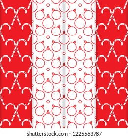 Set of 4 Happy New Year 2019 and Christmas seamless pattern. Vector illustration with candy canes and Christmas balls. Design for wrapping, fabric, print.