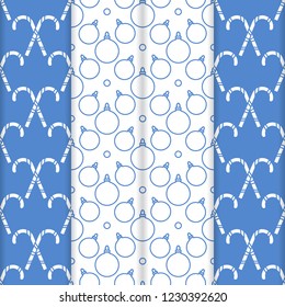 Set of 4 Happy New Year 2019 and Christmas seamless pattern. Vector illustration with candy canes and Christmas balls. Design for wrapping, fabric, print.