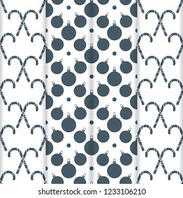 Set of 4 Happy New Year 2019 and Christmas seamless pattern. Vector illustration with candy canes and Christmas balls. Design for wrapping, fabric, print.