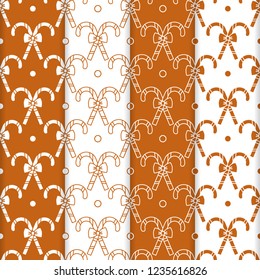 Set of 4 Happy New Year 2019 and Christmas seamless pattern. Vector illustration with candy canes and bows. Design for wrapping, fabric, print.