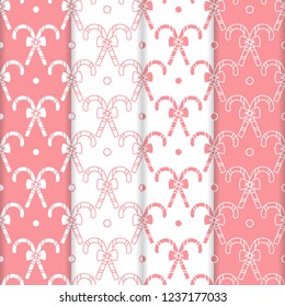 Set of 4 Happy New Year 2019 and Christmas seamless pattern. Vector illustration with candy canes and bows. Design for wrapping, fabric, print.