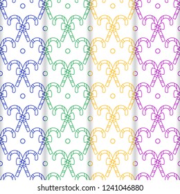 Set of 4 Happy New Year 2019 and Christmas seamless pattern. Vector illustration with candy canes and bows. Design for wrapping, fabric, print.