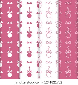 Set of 4 Happy New Year 2019 and Christmas seamless pattern. Winter illustration with Christmas balls. Design for banner, poster or print.