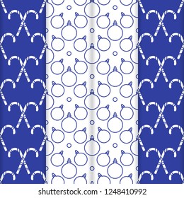 Set of 4 Happy New Year 2019 and Christmas seamless pattern. Vector illustration with candy canes and Christmas balls. Design for wrapping, fabric, print.