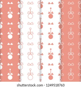 Set of 4 Happy New Year 2019 and Christmas seamless pattern. Winter illustration with Christmas balls. Design for banner, poster or print.