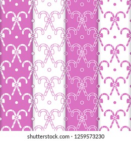 Set of 4 Happy New Year 2019 and Christmas seamless pattern. Vector illustration with candy canes and bows. Design for wrapping, fabric, print.