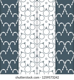 Set of 4 Happy New Year 2019 and Christmas seamless pattern. Vector illustration with candy canes and Christmas balls. Design for wrapping, fabric, print.