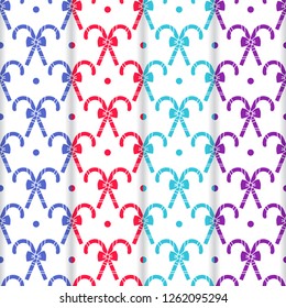 Set of 4 Happy New Year 2019 and Christmas seamless pattern. Vector illustration with candy canes and bows. Design for wrapping, fabric, print.