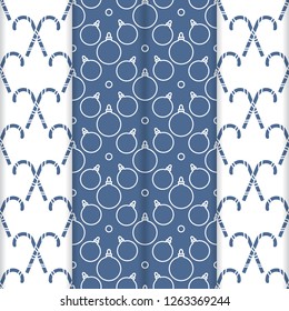 Set of 4 Happy New Year 2019 and Christmas seamless pattern. Vector illustration with candy canes and Christmas balls. Design for wrapping, fabric, print.