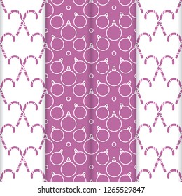 Set of 4 Happy New Year 2019 and Christmas seamless pattern. Vector illustration with candy canes and Christmas balls. Design for wrapping, fabric, print.