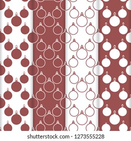 Set of 4 Happy New Year 2019 and Christmas seamless pattern. Winter illustration with Christmas balls. Design for banner, poster or print.