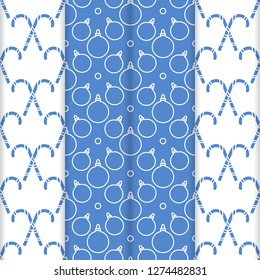 Set of 4 Happy New Year 2019 and Christmas seamless pattern. Vector illustration with candy canes and Christmas balls. Design for wrapping, fabric, print.