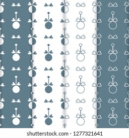 Set of 4 Happy New Year 2019 and Christmas seamless pattern. Winter illustration with Christmas balls. Design for banner, poster or print.