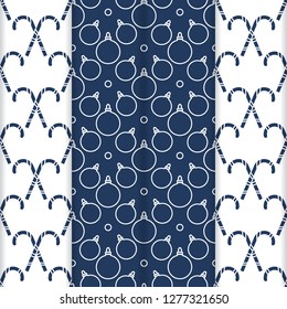 Set of 4 Happy New Year 2019 and Christmas seamless pattern. Vector illustration with candy canes and Christmas balls. Design for wrapping, fabric, print.