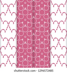 Set of 4 Happy New Year 2019 and Christmas seamless pattern. Vector illustration with candy canes and Christmas balls. Design for wrapping, fabric, print.