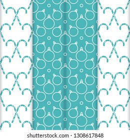 Set of 4 Happy New Year 2019 and Christmas seamless pattern. Vector illustration with candy canes and Christmas balls. Design for wrapping, fabric, print.