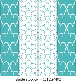 Set of 4 Happy New Year 2019 and Christmas seamless pattern. Vector illustration with candy canes and Christmas balls. Design for wrapping, fabric, print.