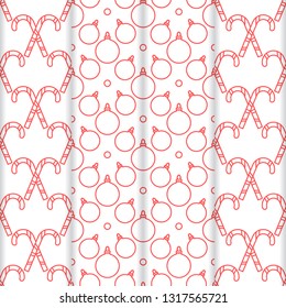 Set of 4 Happy New Year 2019 and Christmas seamless pattern. Vector illustration with candy canes and Christmas balls. Design for wrapping, fabric, print.
