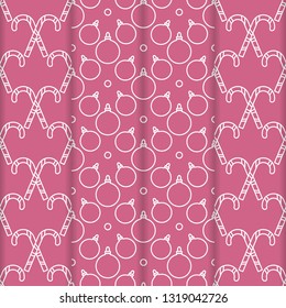 Set of 4 Happy New Year 2019 and Christmas seamless pattern. Vector illustration with candy canes and Christmas balls. Design for wrapping, fabric, print.