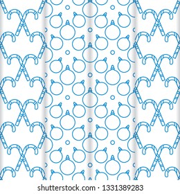 Set of 4 Happy New Year 2019 and Christmas seamless pattern. Vector illustration with candy canes and Christmas balls. Design for wrapping, fabric, print.
