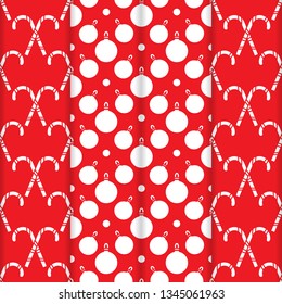 Set of 4 Happy New Year 2019 and Christmas seamless pattern. Vector illustration with candy canes and Christmas balls. Design for wrapping, fabric, print.