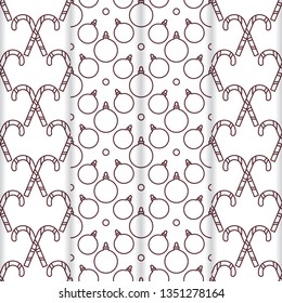 Set of 4 Happy New Year 2019 and Christmas seamless pattern. Vector illustration with candy canes and Christmas balls. Design for wrapping, fabric, print.