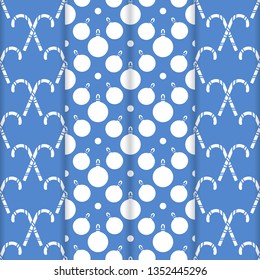 Set of 4 Happy New Year 2019 and Christmas seamless pattern. Vector illustration with candy canes and Christmas balls. Design for wrapping, fabric, print.
