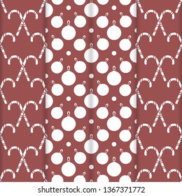 Set of 4 Happy New Year 2019 and Christmas seamless pattern. Vector illustration with candy canes and Christmas balls. Design for wrapping, fabric, print.